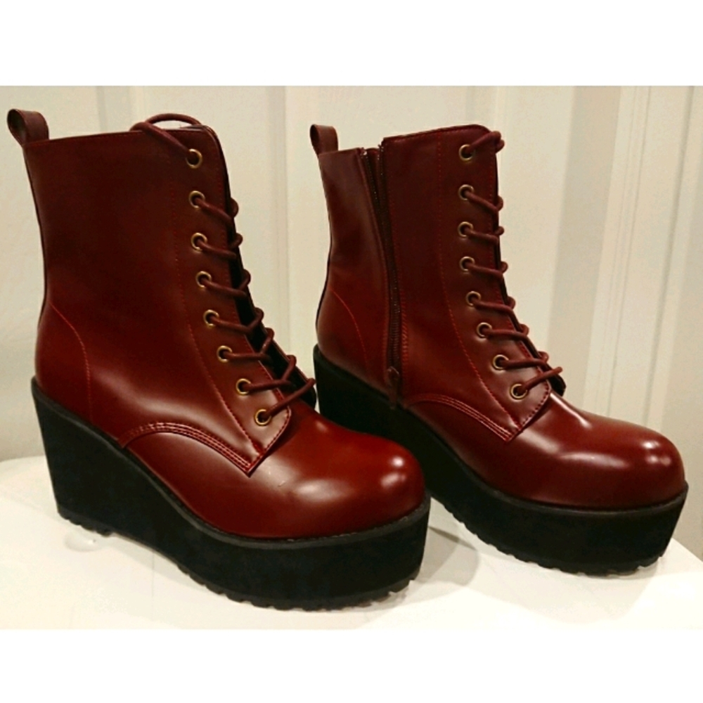 Red platform combat boots